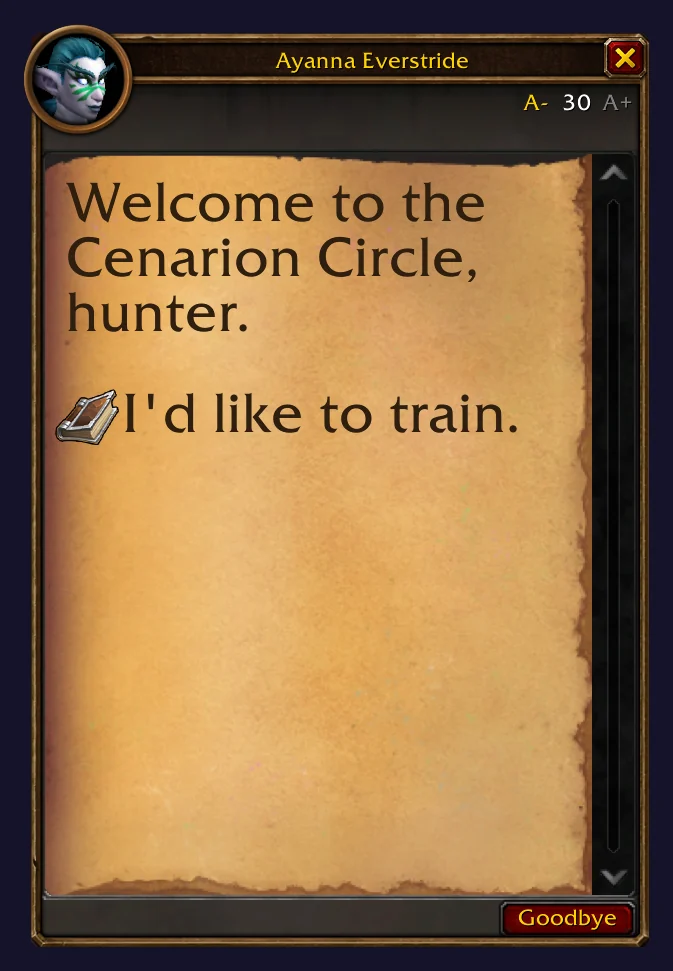 An NPC's greeting window in World of Warcraft with its dialogue at size 30. Parchmint's A- and A+ buttons sit in the top right corner, beside the current size.