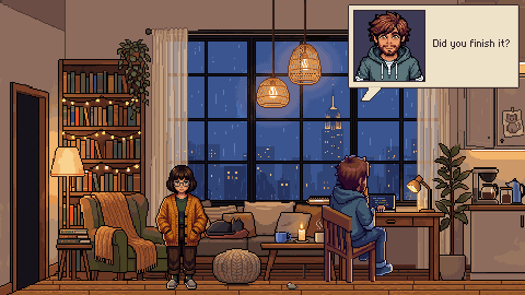 Wren and Otto's apartment in pixel art, at night. Rain runs down a tall window over the city lights. Wren stands in an orange cardigan near an armchair and a bookshelf, a black cat sleeps on the sofa, and Otto sits at his desk with his back to the room. A speech bubble with Otto's face says "Did you finish it?"